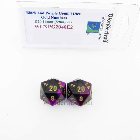 WCXPG2040E2 Black Purple Gemini Dice Gold Numbers D20 16mm Pack of 2 Main Image