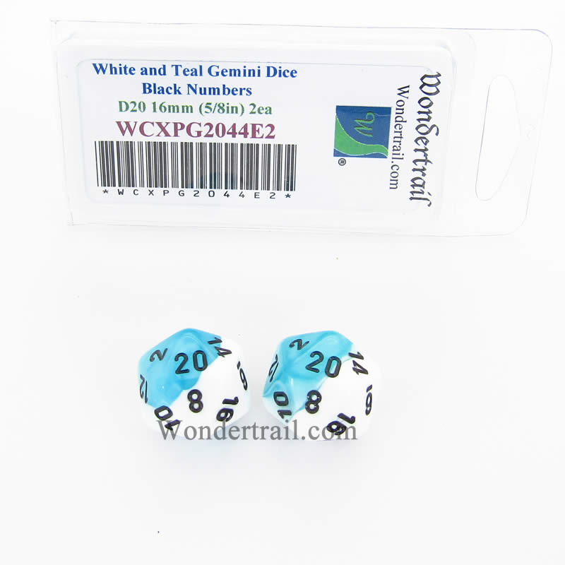 WCXPG2044E2 White Teal Gemini Dice Black Numbers D20 16mm Pack of 2 Main Image