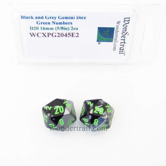 WCXPG2045E2 Black Grey Gemini Dice Green Numbers D20 16mm Pack of 2 Main Image