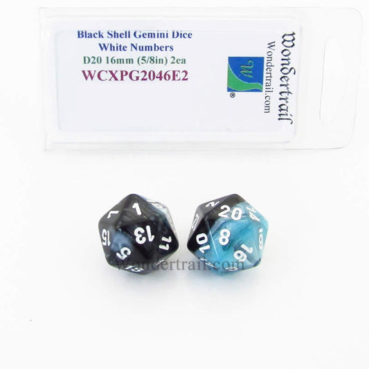 WCXPG2046E2 Black Shell Gemini Dice White Numbers D20 16mm Pack of 2 Main Image