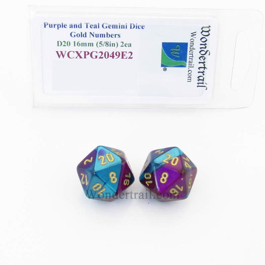WCXPG2049E2 Purple Teal Gemini Dice Gold Numbers D20 16mm Pack of 2 Main Image