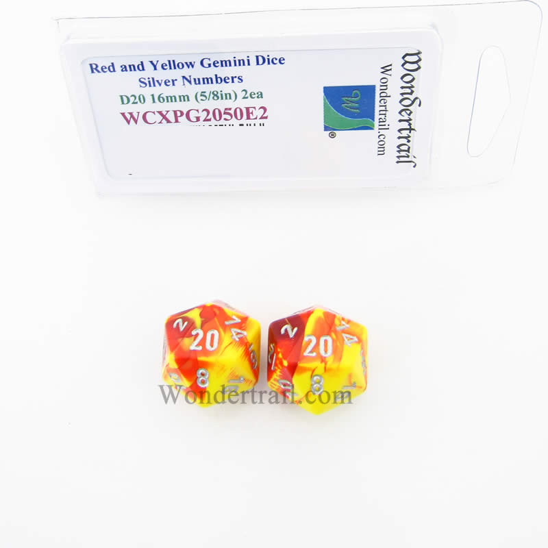 WCXPG2050E2 Red Yellow Gemini Dice Silver Numbers D20 16mm Pack of 2 Main Image