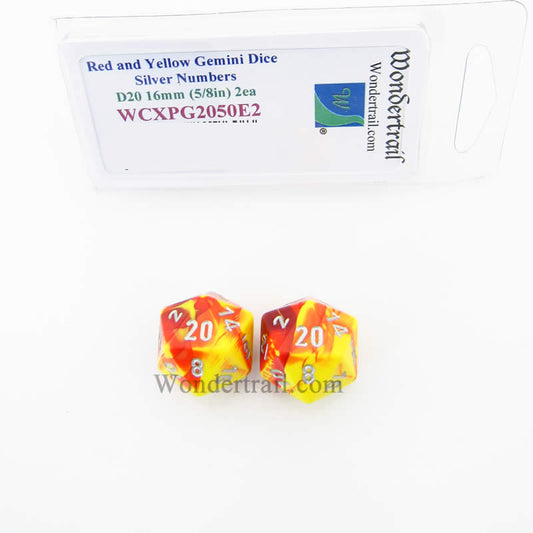 WCXPG2050E2 Red Yellow Gemini Dice Silver Numbers D20 16mm Pack of 2 Main Image