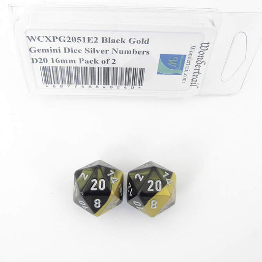 WCXPG2051E2 Black Gold Gemini Dice Silver Numbers D20 16mm Pack of 2 Main Image