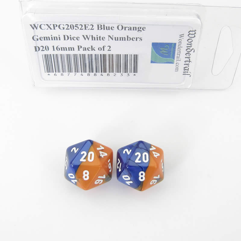 WCXPG2052E2 Blue Orange Gemini Dice White Numbers D20 16mm Pack of 2 Main Image