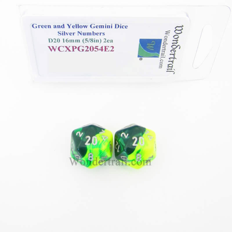WCXPG2054E2 Green Yellow Gemini Dice Silver Numbers D20 16mm Pack of 2 Main Image