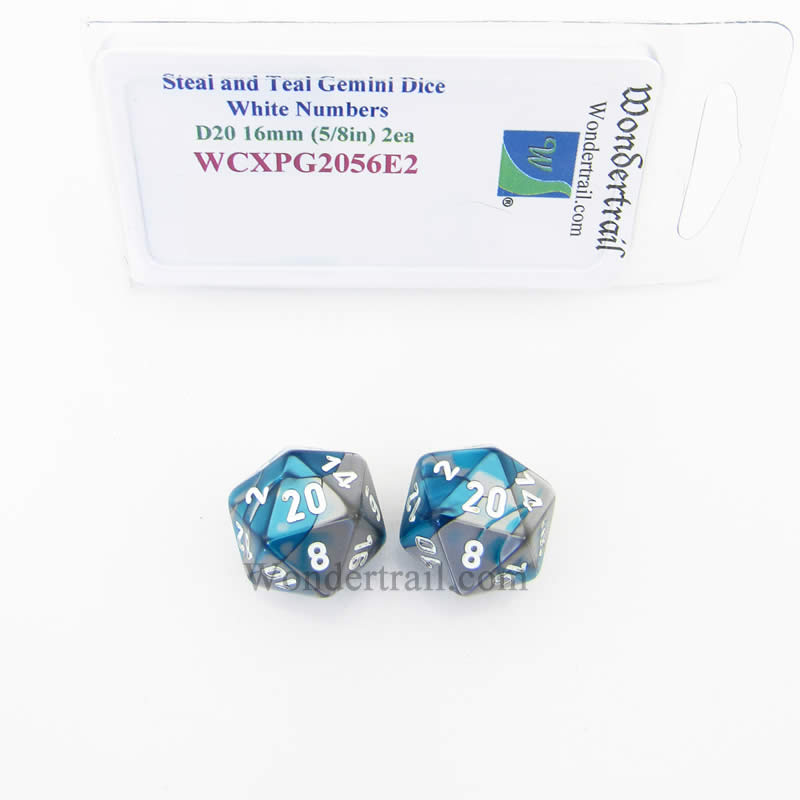 WCXPG2056E2 Steel Teal Gemini Dice White Numbers D20 16mm Pack of 2 Main Image