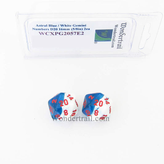 WCXPG2057E2 Astral Blue White Gemini Dice Red Numbers D20 16mm Pack of 2 Main Image