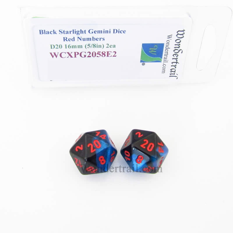 WCXPG2058E2 Black Starlight Gemini Dice Red Numbers D20 16mm Pack of 2 Main Image
