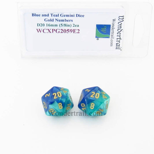 WCXPG2059E2 Blue Teal Gemini Dice Gold Numbers D20 16mm Pack of 2 Main Image