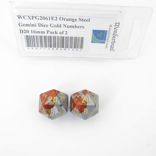 WCXPG2061E2 Orange Steel Gemini Dice Gold Numbers D20 16mm Pack of 2 Main Image