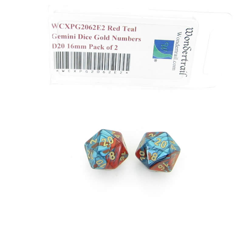 WCXPG2062E2 Red Teal Gemini Dice Gold Numbers D20 16mm Pack of 2 Main Image