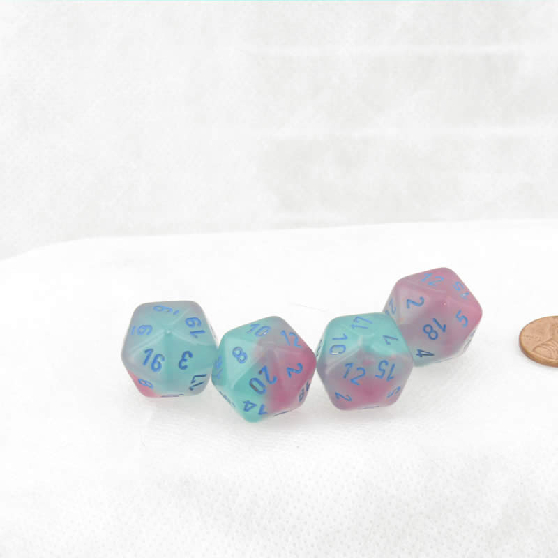 WCXPG2064E4 Gel Green Pink Gemini Luminary Dice Blue Numbers D20 Aprox 16mm (5/8in) Pack of 4