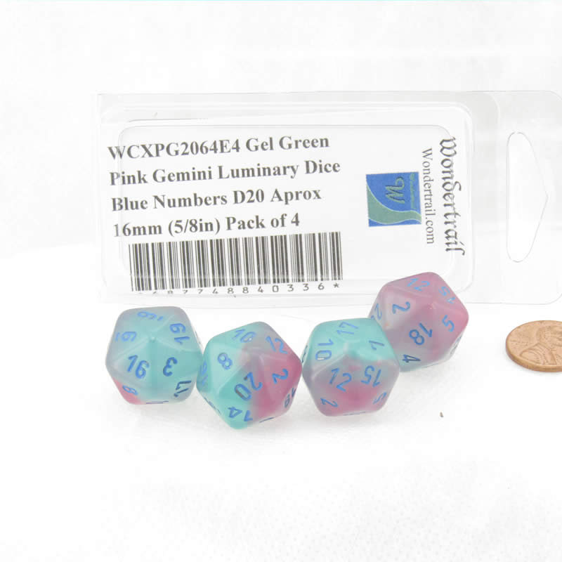 WCXPG2064E4 Gel Green Pink Gemini Luminary Dice Blue Numbers D20 Aprox 16mm (5/8in) Pack of 4