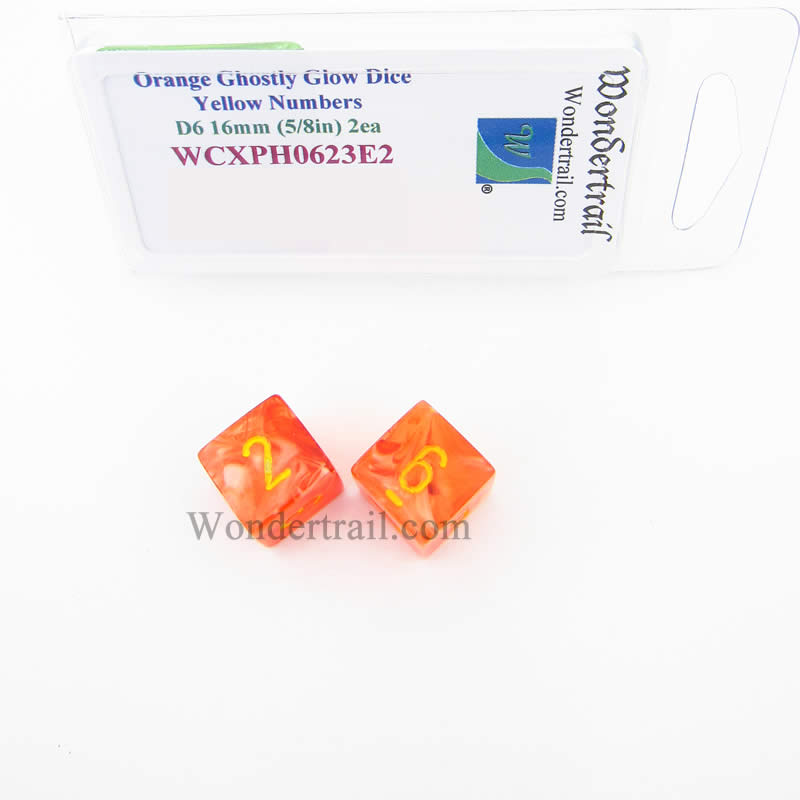 WCXPH0623E2 Orange Ghostly Glow Dice Yellow Numbers D6 16mm Pack of 2 Main Image