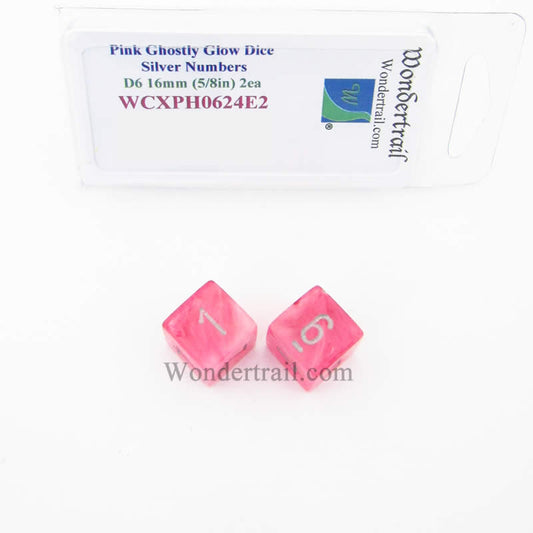 WCXPH0624E2 Pink Ghostly Glow Dice Silver Numbers D6 16mm Pack of 2 Main Image