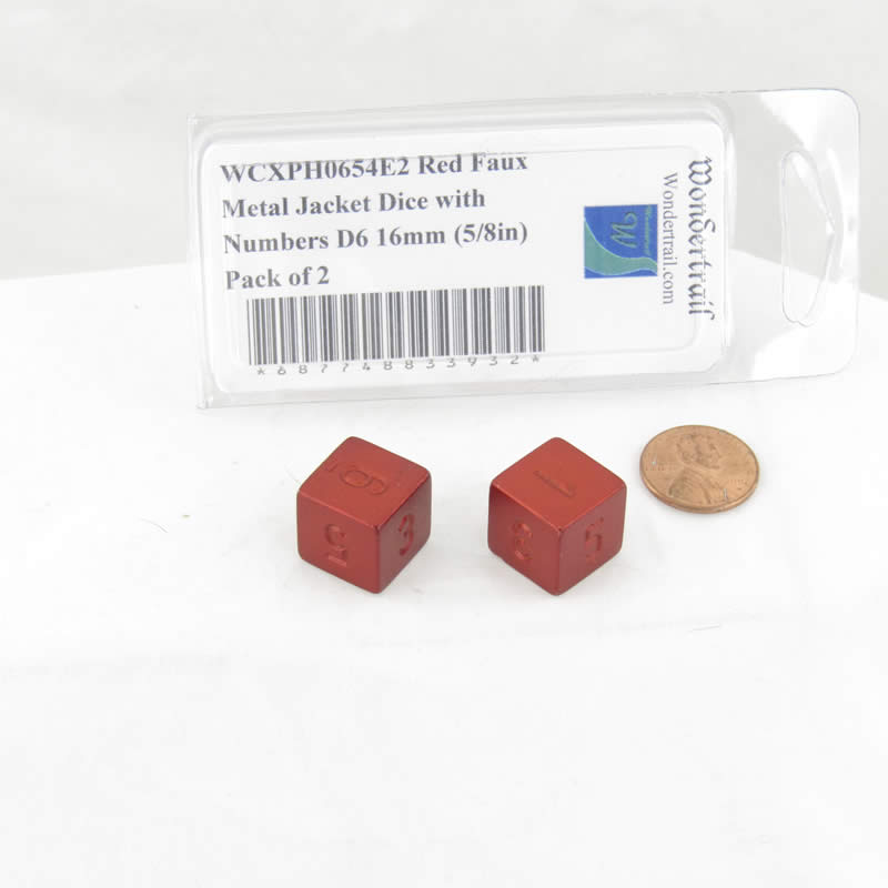 WCXPH0654E2 Red Faux Metal Jacket Dice Uncolored Numbers D6 16mm (5/8in) Pack of 2 2nd Image