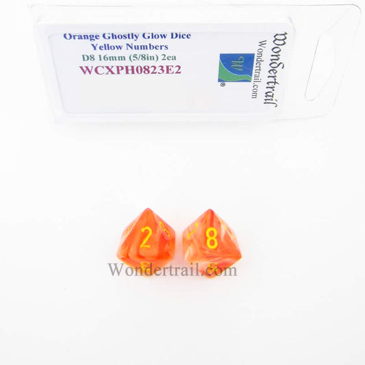 WCXPH0823E2 Orange Ghostly Glow Dice Yellow Numbers D8 16mm Pack of 2 Main Image