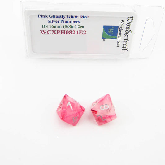 WCXPH0824E2 Pink Ghostly Glow Dice Silver Numbers D8 16mm Pack of 2 Main Image