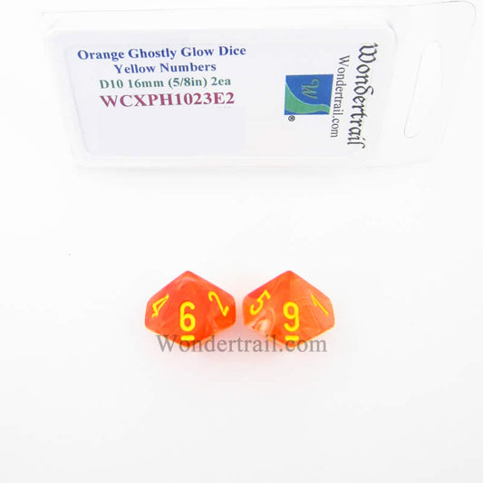 WCXPH1023E2 Orange Ghostly Glow Dice Yellow Numbers D10 16mm Pack of 2 Main Image