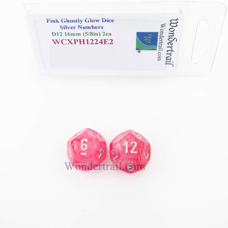 WCXPH1224E2 Pink Ghostly Glow Dice Silver Numbers D12 16mm Pack of 2 Main Image