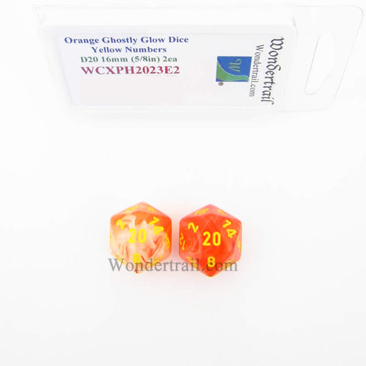 WCXPH2023E2 Orange Ghostly Glow Dice Yellow Numbers D20 16mm Pack of 2 Main Image