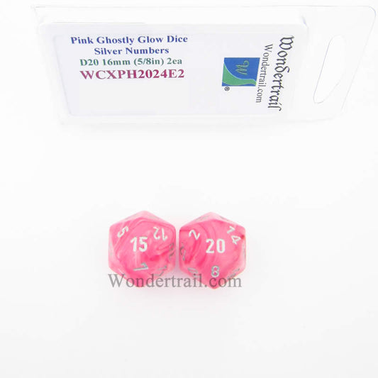 WCXPH2024E2 Pink Ghostly Glow Dice Silver Numbers D20 16mm Pack of 2 Main Image