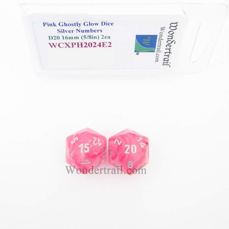 WCXPH2024E2 Pink Ghostly Glow Dice Silver Numbers D20 16mm Pack of 2 Main Image