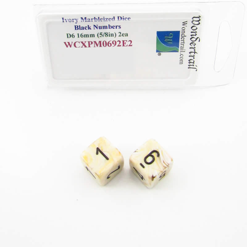 WCXPM0692E2 Ivory Marble Dice Black Numbers D6 16mm (5/8in) Pack of 2 Main Image