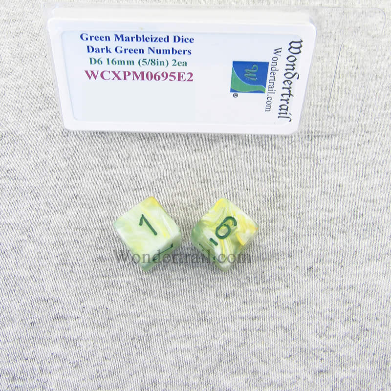 WCXPM0695E2 Green Marbleized Dice with Dark Green Numbers D6 16mm (5/8in) Pack of 2 Wondertrail 2nd Image