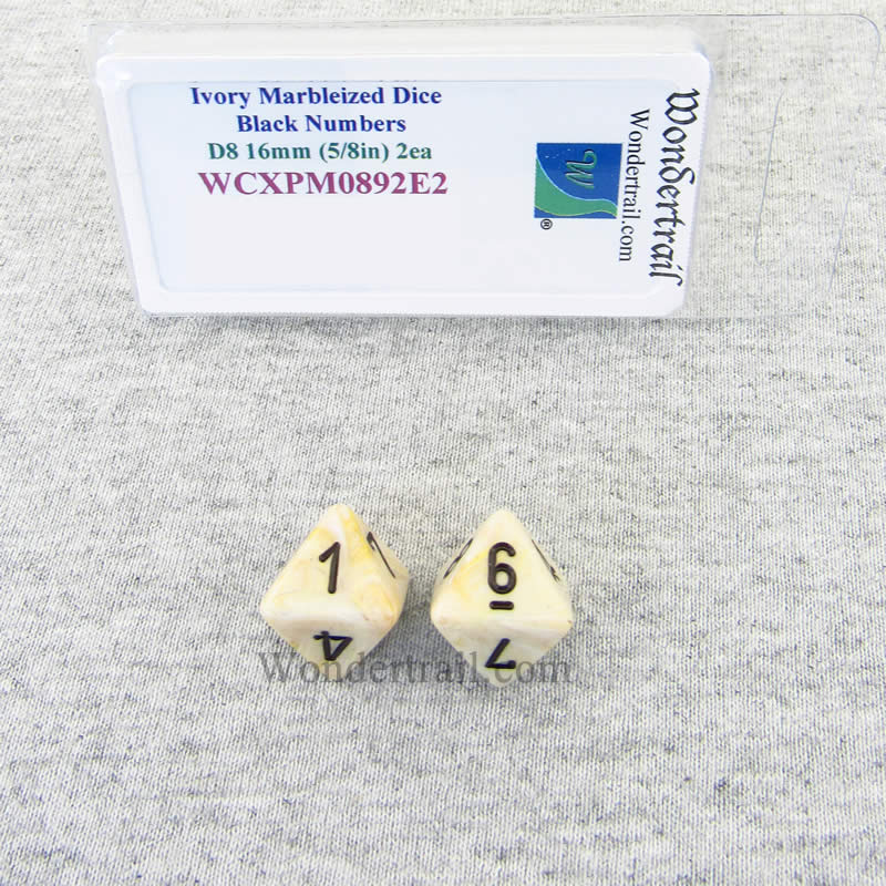 WCXPM0892E2 Ivory Marble Dice Black Numbers D8 16mm (5/8in) Pack of 2 2nd Image