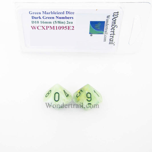 WCXPM1095E2 Green Marble Dice Dark Green Numbers D10 16mm Pack of 2 Main Image