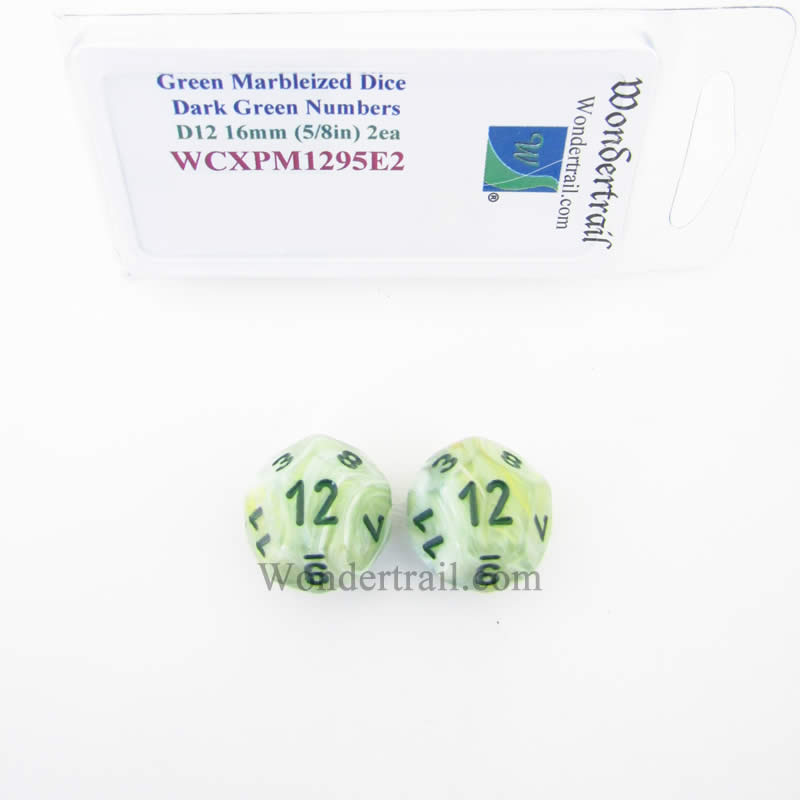 WCXPM1295E2 Green Marble Dice Dark Green Numbers D12 16mm Pack of 2 Main Image