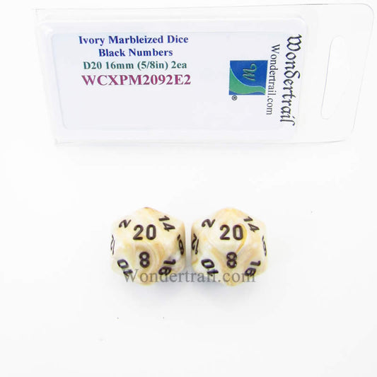 WCXPM2092E2 Ivory Marble Dice Black Numbers D20 16mm Pack of 2 Main Image
