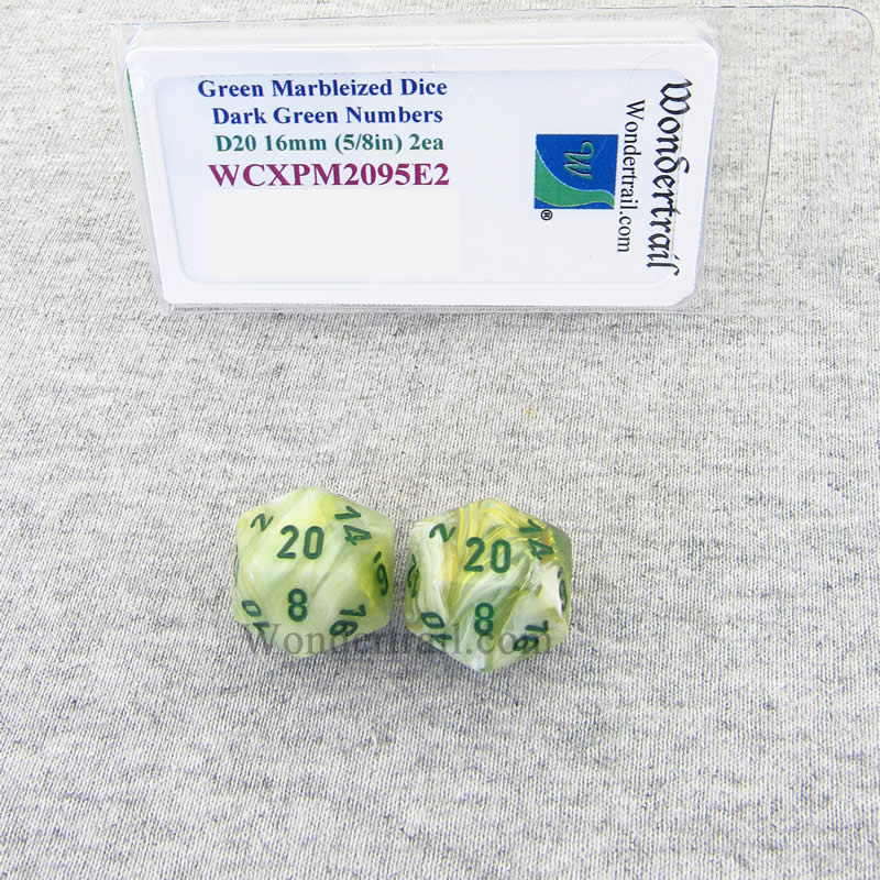 WCXPM2095E2 Green Marble Dice Dark Green Numbers D20 16mm Pack of 2 2nd Image