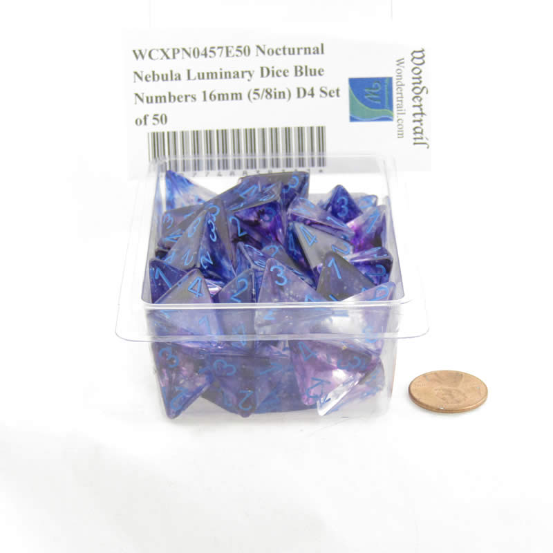 WCXPN0457E50 Nocturnal Nebula Luminary Dice Blue Numbers 16mm (5/8in) D4 Set of 50 2nd Image