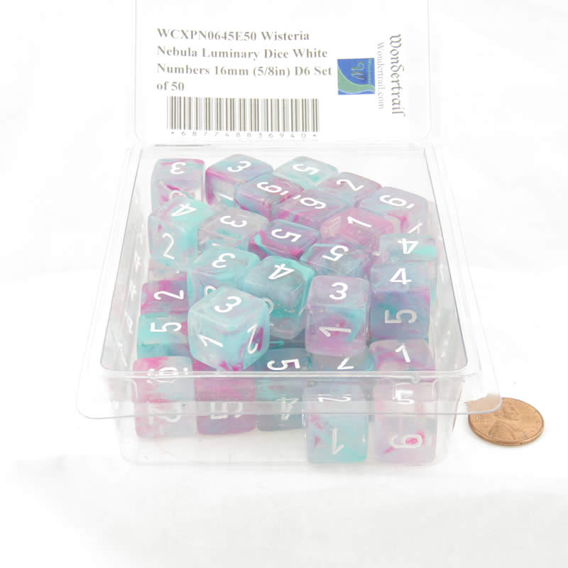 WCXPN0645E50 Wisteria Nebula Luminary Dice White Numbers 16mm (5/8in) D6 Set of 50 2nd Image