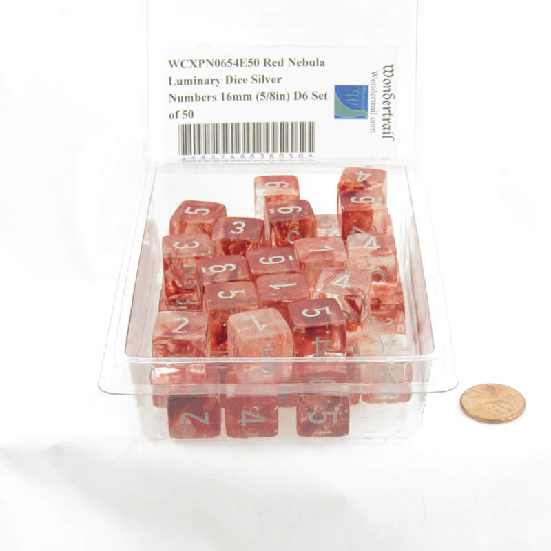 WCXPN0654E50 Red Nebula Luminary Dice Silver Numbers 16mm (5/8in) D6 Set of 50 2nd Image