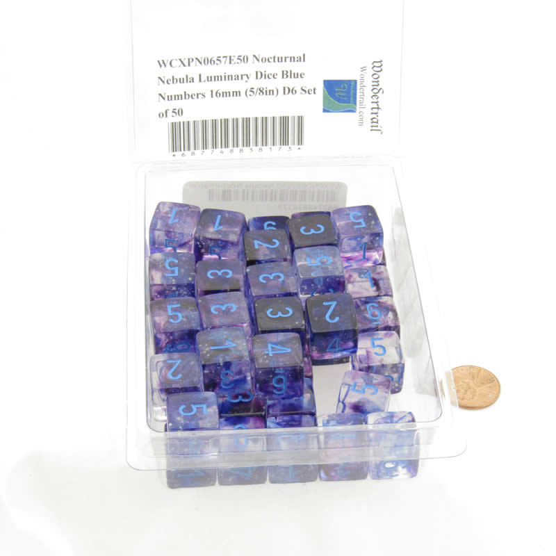 WCXPN0657E50 Nocturnal Nebula Luminary Dice Blue Numbers 16mm (5/8in) D6 Set of 50 2nd Image