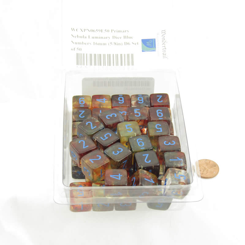 WCXPN0659E50 Primary Nebula Luminary Dice Blue Numbers 16mm (5/8in) D6 Set of 50 2nd Image