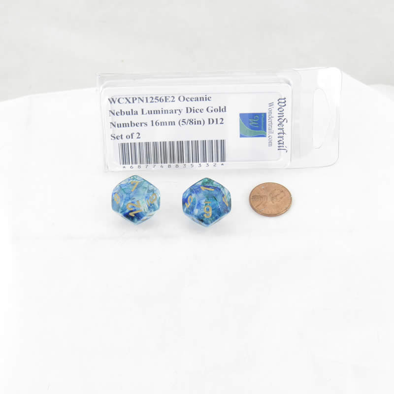 WCXPN1256E2 Oceanic Nebula Luminary Dice Gold Numbers 16mm (5/8in) D12 Set of 2 2nd Image