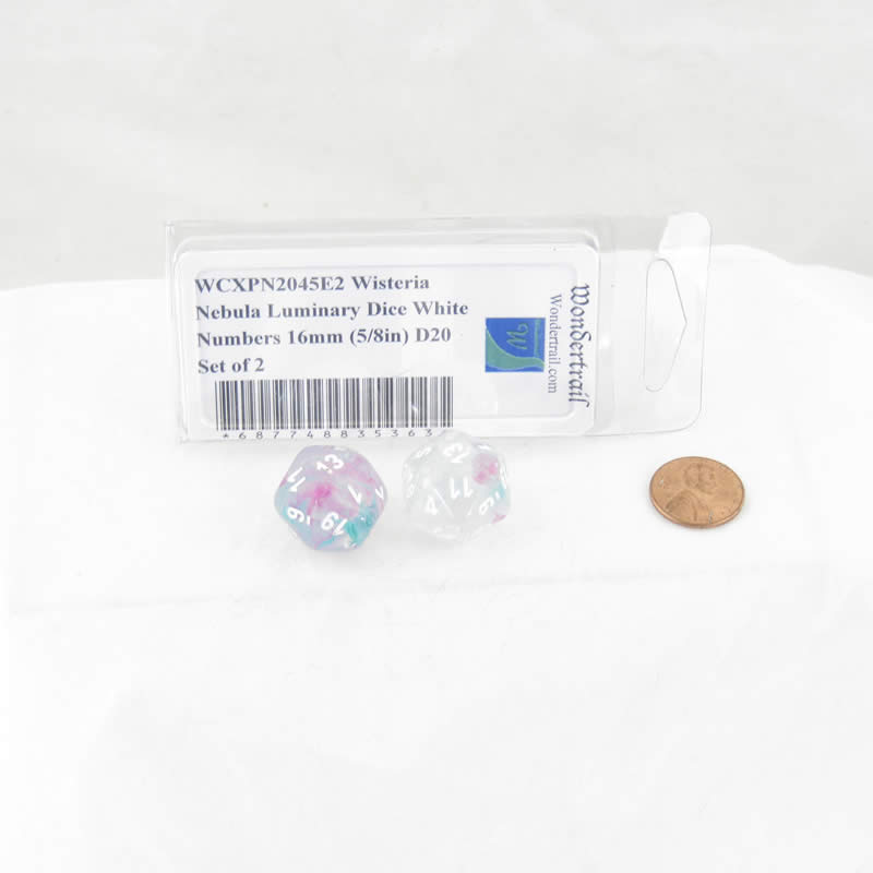 WCXPN2045E2 Wisteria Nebula Luminary Dice White Numbers 16mm (5/8in) D20 Set of 2 2nd Image