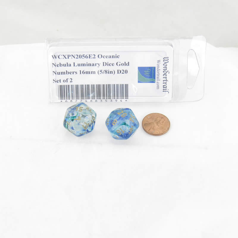 WCXPN2056E2 Oceanic Nebula Luminary Dice Gold Numbers 16mm (5/8in) D20 Set of 2 2nd Image