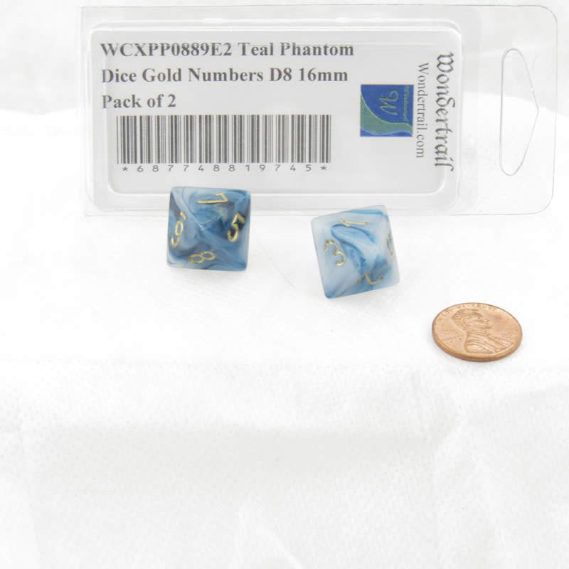 WCXPP0889E2 Teal Phantom Dice Gold Numbers D8 16mm Pack of 2 2nd Image