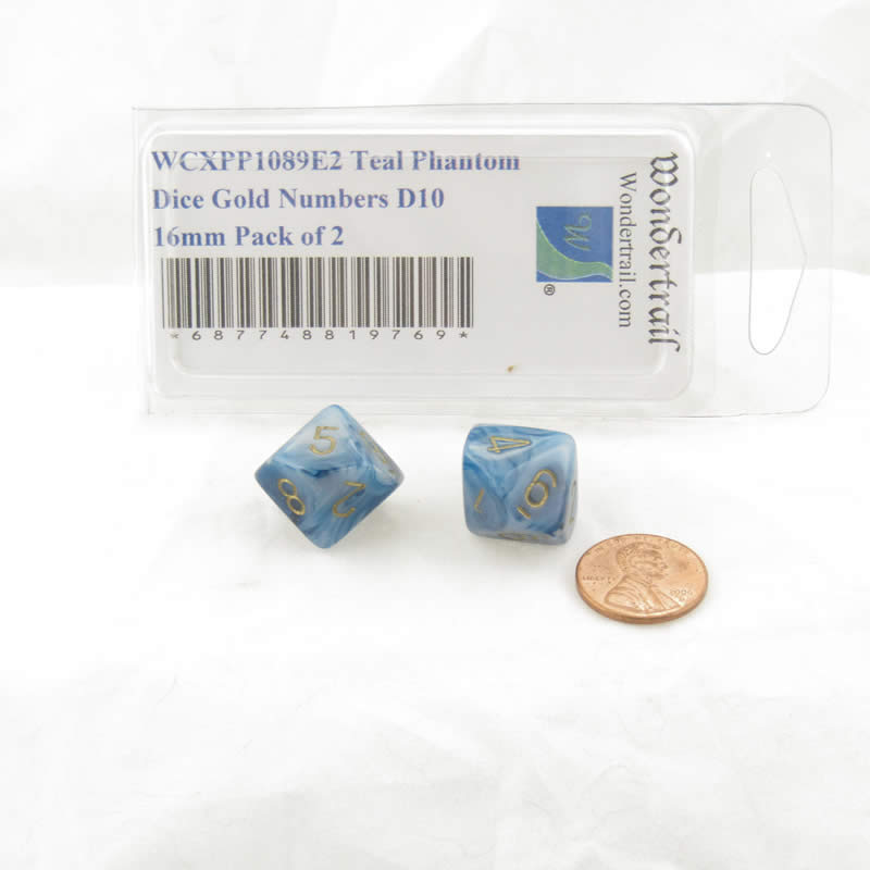 WCXPP1089E2 Teal Phantom Dice Gold Numbers D10 16mm Pack of 2 2nd Image