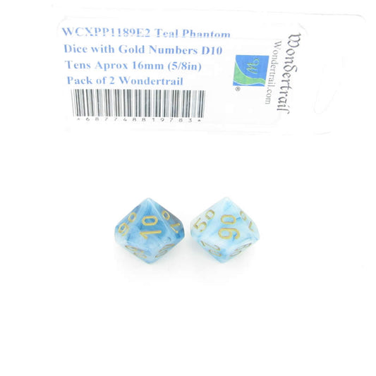 WCXPP1189E2 Teal Phantom Dice Gold Numbers D10 Tens 16mm Pack of 2 Main Image