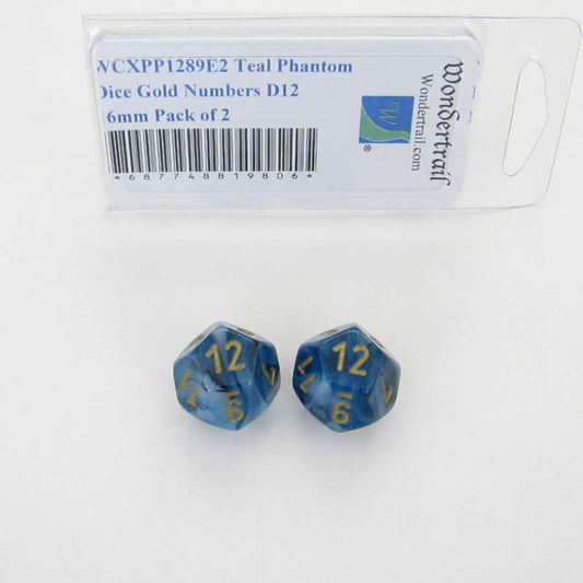 WCXPP1289E2 Teal Phantom Dice Gold Numbers D12 16mm Pack of 2 Main Image