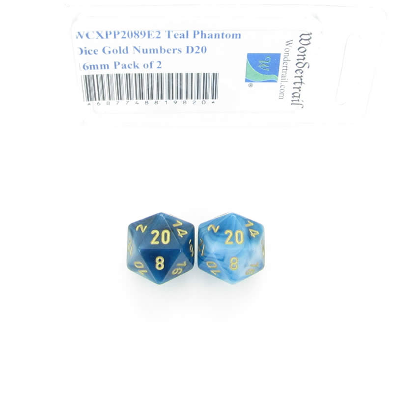 WCXPP2089E2 Teal Phantom Dice Gold Numbers D20 16mm Pack of 2 Main Image
