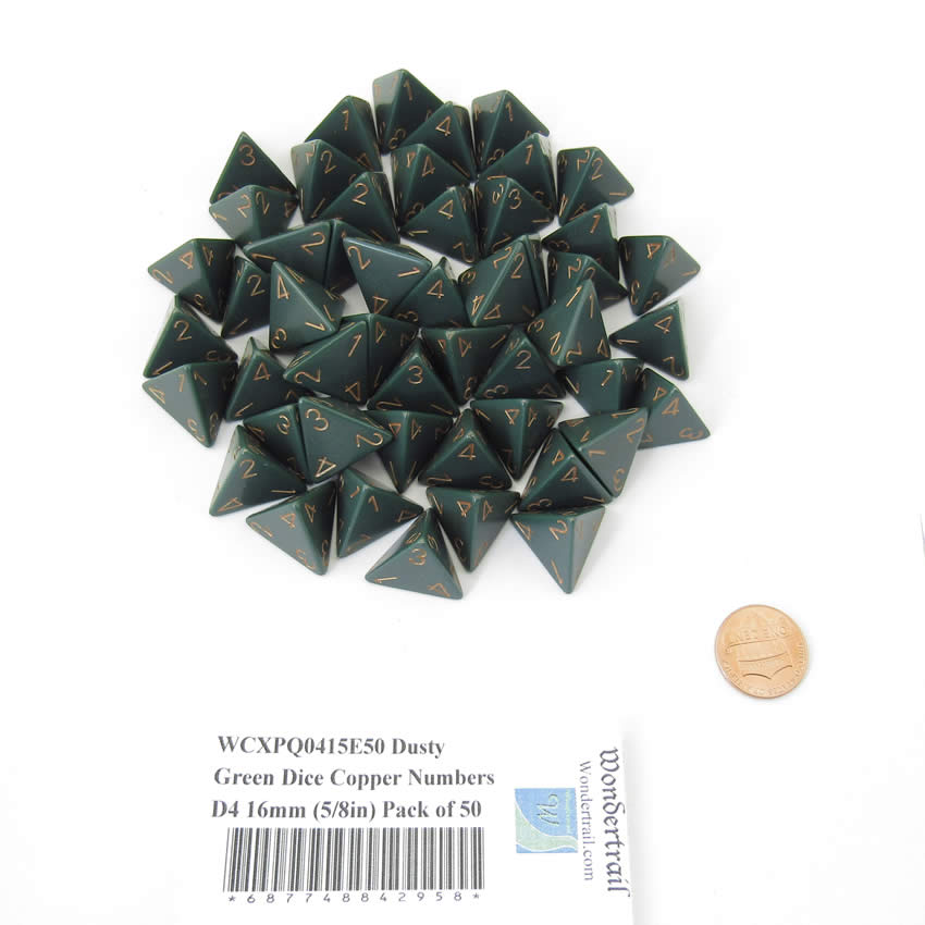 WCXPQ0415E50 Dusty Green Dice Copper Numbers D4 16mm (5/8in) Pack of 50 Main Image