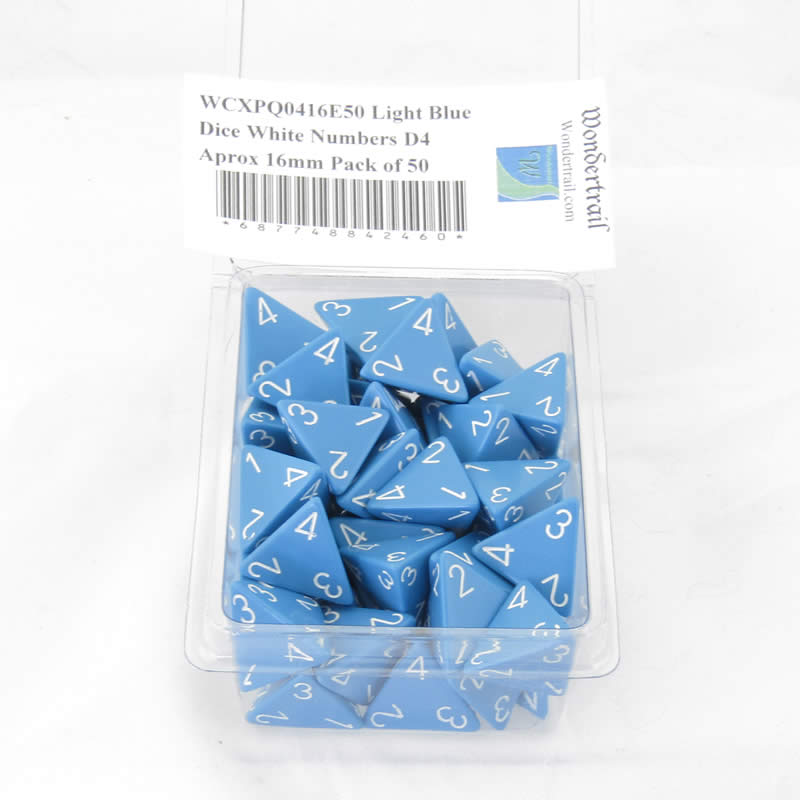 WCXPQ0416E50 Light Blue Dice White Numbers D4 Aprox 16mm Pack of 50 Main Image